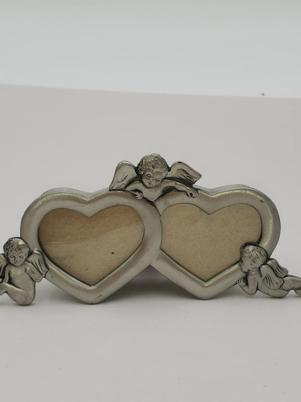 Vintage Double Heart Photo Frame with Cherubs - Silver Tone